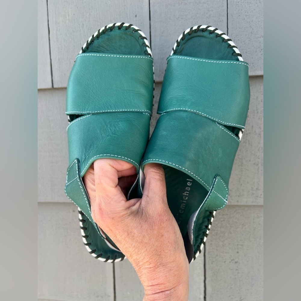 Eric Michael Teal Leather Slide Sandals with Braided Sole Trim